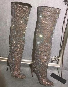 Sexy Slim Rhinestone Women Style over knie dunne charmante puntige teen kristal lange haklaarzen trouwjurkschoenen 5