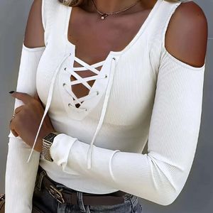 Sexy afslanktrekkingsdichte T-shirt, Europese en Amerikaanse v-hals schoudergesneden dames top, lente en herfst zorgvuldig machinaal bodem shirt