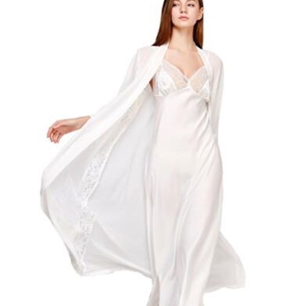 Sexy Sling Dress Sleeping Robe Two-Piece Faux Soie Vêtements De Nuit Femmes Élégant Lady Dentelle À Manches Longues Chemises De Nuit Peignoirs T0008 210901