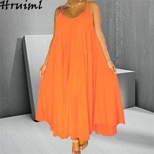 Sexy Sling Dress Couleur Unie Casual Lâche Grande Taille Robes Sans Manches Cheville-Longueur Col En V Mode Vente Vestidos Largos 210513