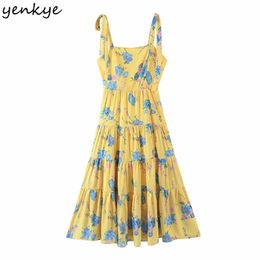 Sexy Sling Holiday Summer Dress Dames Mouwloze Vierkante Hals Floral Print Vrouwelijke A-lijn Midi Big Swing Chiffon Robe 210514