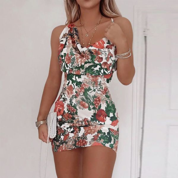 Sexy Sling Satin Mini Dress Femmes Élégant Imprimé Floral Col En V Sans Manches Dos Nu Bandage Robes D'été Moulante Crayon Vestidos 210507