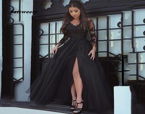 Sexy spleet zwart prom jurken kanten kanten lange mouw elegante formele avondjurken feest lange prom -jurken voor vrouw Vestidos de gala4656021