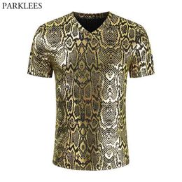Sexy Snake Pattern Gold Metallic T-shirt Heren Mouwen Slanke Fit V-hals T-shirts Mens Nachtclub Party Prom Stage Kleding 3XL 210522
