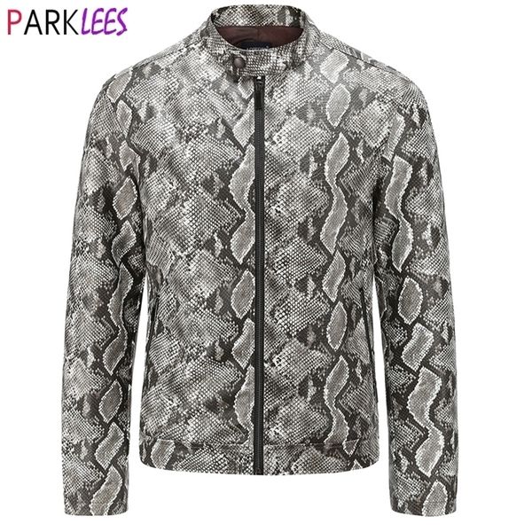 Sexy Snake Pattern PU Chaqueta de cuero Hombres Marca Stand Collar Motocicleta Biker Faux Leather Mens Chaquetas Abrigos Chaquetas Hombre 201128