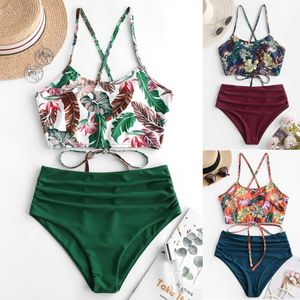 Sexy slangenvacht vrouwen Boheemse bloem badpak zomer polyester bikini set hoge taille draad gratis badmode print groene badpak # 3 vrouwen zwemmen