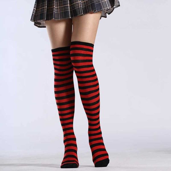 Chaussettes sexy 1pair sur le genou noir blanc bleu rouge long stripe carton japonais serré haut pour les femmes fille cosplay étudiant kawaii collants 240416