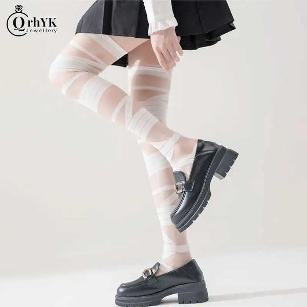 Calcetines sexy 1 Pair de vendaje blanco lana de vidrio transparente medias de rodilla mujeres japonesa lolita correas cruzadas de verano pilas de calcetín blanco 240416