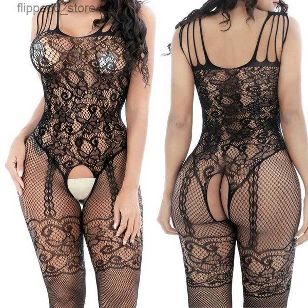 Calcetines sexy 2022 Hot Sexy Hollow Out Body See Through Stocking Teddies Set Hip-Packed Open Crotch Pantimedias Mujeres Lencería Disfraces sexuales Q231019