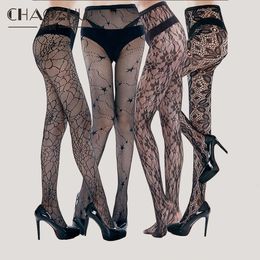 Sexy sokken chaozhu 4 paarslot vrouwen visnet zwarte bloemen sterren spider webpatronen meisjes stretchy panty set 230427
