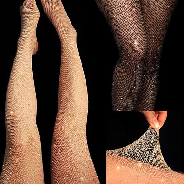 Chaussettes sexy résille diamant collants pour femmes mode brillant Net collants femme mince noir maille Nylon bas 231211