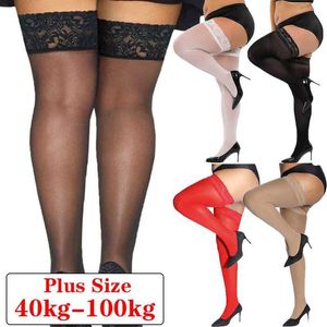 Chaussettes sexy surdimensions Stocking High Knee Lace Plus taille Cuisine Overnnee chaussettes Femmes Sexy Lingerie Reste transparente Hosiery Long Legging Dame 240416