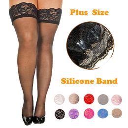 Sexy sokken siliconen kanten top top plus size dij hoge sokken voor vrouwen nylon sexy porno lingerie verblijf houd zwart roze rood lange kous wit 230426