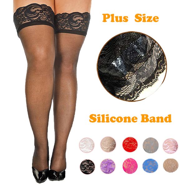 Chaussettes sexy en dentelle de silicone, grande taille, chaussettes hautes pour femmes, nylon, lingerie porno sexy, maintien, noir, rose, rouge, bas long, blanc 230426