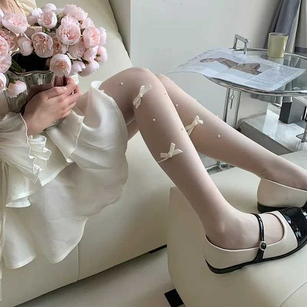 Calcetines sexys de terciopelo Bowknot medias Mujeres Sweet Pearl Thigh Allos altos medias de pantimedias Lingería Hosiery sexy nylon lolita medias pantyhose 240416