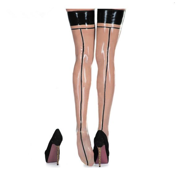 Chaussettes sexy en latex transparent pour femmes, bas longs et serrés en caoutchouc avec bordure noire, 230901