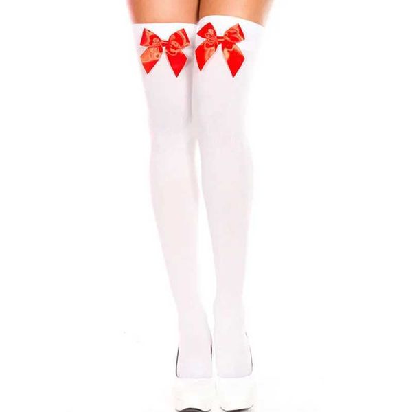 Calcetines sexys Medias para mujeres para disfraz de Halloween Nylon White Pink Black Red Bow Socks Over Knee Girls Sexy Thigh Stockings 240416
