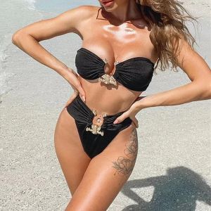 Sexy Effen Zwarte Bikini 2024 Nieuwe Vrouwen Off Schouder Hoge Cut Push Up Gewatteerde Strass Badmode Braziliaanse Badpak Badpak