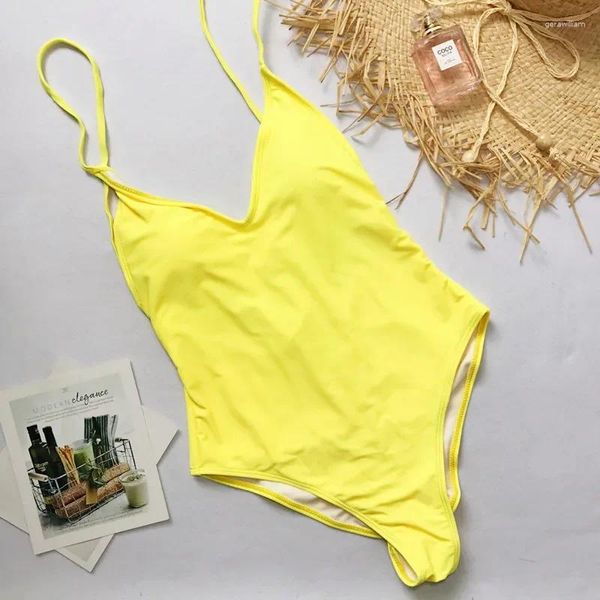 Bañador unicolor de una pieza para mujer, traje de baño Sexy, Monokini, traje de baño brasileño Vintage de corte alto, ropa de playa