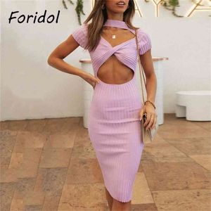 Sexy Solid Purple Spring Summer Dress Hollow Out Gebreide Lange Bodycon Pary Midi Koreaanse Vestido de Mujer 210427