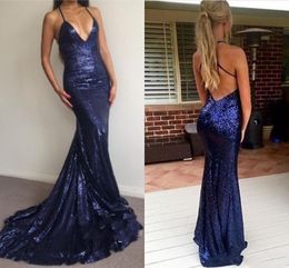 Sexy Spaghetti Mermaid Prom Dresses Deep V-Neck Backless Party Evening Dresses Sleeveless Sequined Farmal Evening Gowns Plus Size Prom Dress