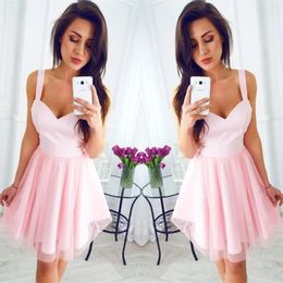 Sexy Spaghetti Pink A-Line Homecoming Dresses Summer Chiffon Knee Length Short Cocktail Gowns Cheap Prom Dress