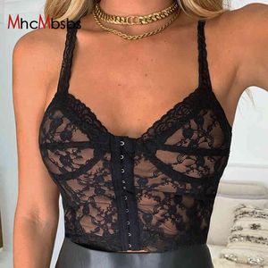 Sexy Spaghetti Sangle Bustier Top Femmes Blanc Mesh Dentelle Patchwork Camis Été Vintage Hors Épaule Dos Nu Crop 210517