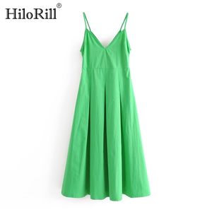 Sexy Spaghetti Strap Deep V Neck Party Dress Solid Backless Plissé Midi es Side Zipper Green Beach Summer 210508