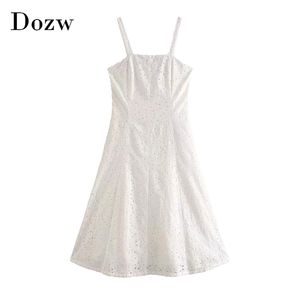 Sexy Spaghetti Strap White Dress Summer Embroidery Backless Party Women Solid Beach Knee Length Vestidos 210515