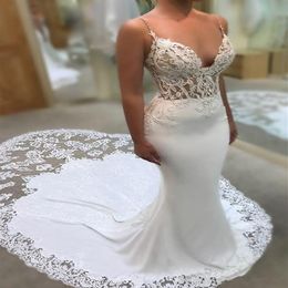 Sexy Bretelles Spaghetti Sirène Robe De Mariée En Dentelle Perlée Appliques Dos Nu Illusion De Mariée De Haute Qualité Sur Mesure Robes291b