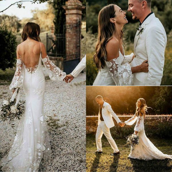 Sexy Spaghetti Bretelles Robes De Mariée Nigérianes Boho Bohème Printemps Arabe Mariage Jardin robe de mari￩e Robe De Mariée Dos Nu Robes De Mariée