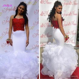 Sexy Spaghetti Straps Organza Mermaid Prom Dresses Long Red Lace Top Lace Applique Layered Ruffles Sweep Train Formal Party Evening Gowns