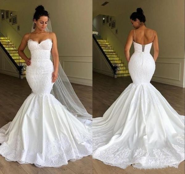 Robe de mariée sexy à bretelles spaghetti, corset sirène au dos, motif floral, dentelle, satin, superbes robes de mariée personnalisées, grande taille, 20211776199