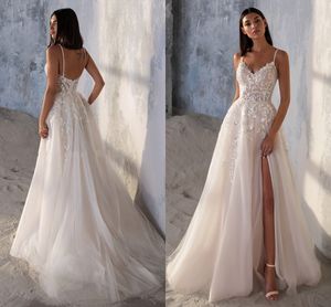 Sexy vestido de novia brillante sin espalda tirantes finos cuello en V lentejuelas encaje hendidura tul novia Vestidos de novia Boho Vestidos De novia