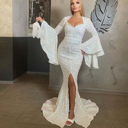 Vestidos de noche de sirena con cuello en v y mangas largas con lentejuelas brillantes y brillantes sexys Vestidos de noche de fiesta largos y elegantes con lentejuelas blancas estilo Dubai