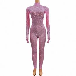 Sexy Sparkly Pink Rhineste Combinaison avec des gants Femmes Anniversaire Célébrer Performance Costume Singer Show Photoshoot Combinaison F0tU #