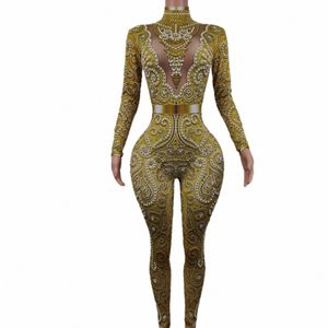 Sexy Sparkly Rhinestes Or Spandex Combinaison Lg Manches Fête D'anniversaire Tenue Danseur Chanteur Spectacle Barboteuses Stage Wear Quanquan G37J #