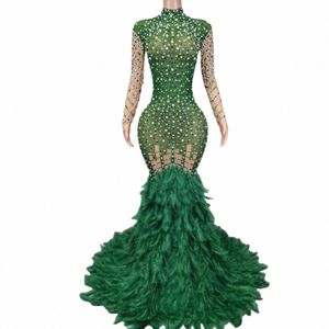 Sexy Sparkly Rhinestes plume verte Lg Train Dr mariage anniversaire maille Costume soirée Club danse Dr Liantiyumao K8Fe #