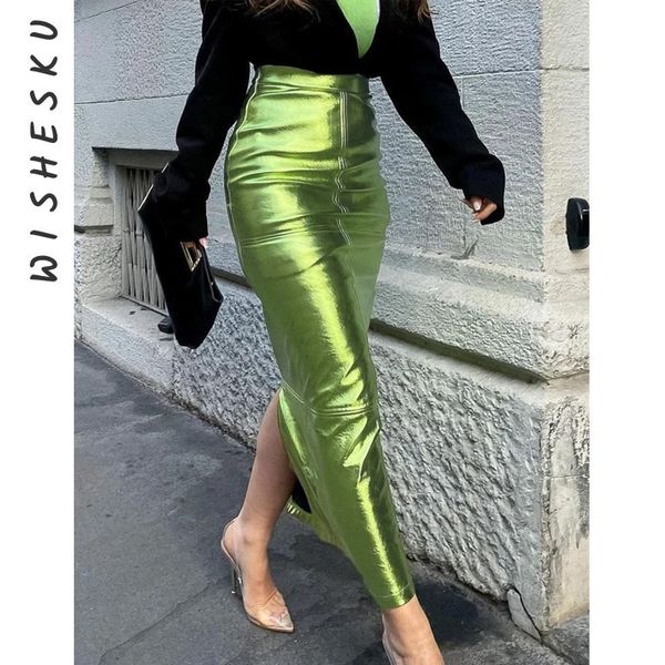 Faldas largas de lujo con hendidura brillante para mujer, falda larga ajustada metálica de cintura alta, color verde metálico, ropa elegante para fiesta de cumpleaños, 240222