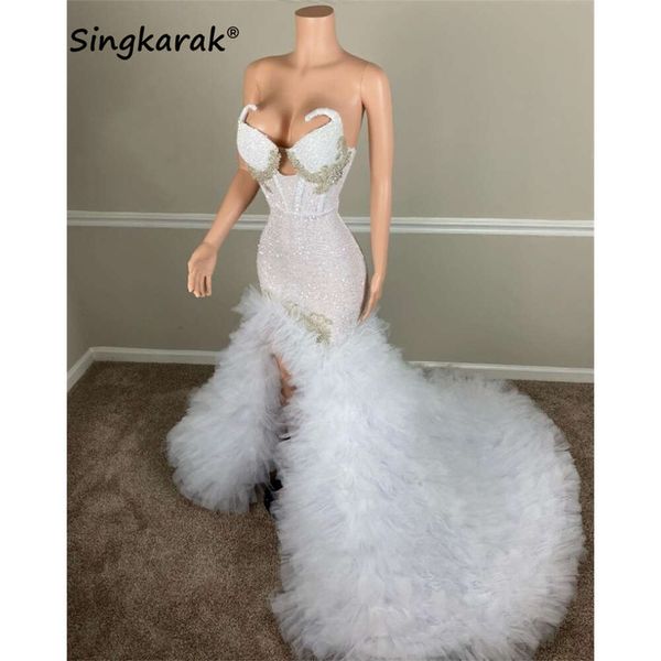 Sexy Sparkly White Prom 2023 Crystal Beads Sequins Ruffle Bottom Graduation Birthday Party Robe de Bal
