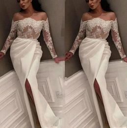 Sexy Split Front Longues Robes De Bal 2022 Appliques Dentelle Hors Épaule À Manches Longues Arabe Dubaï Ivoire Formelle Robes De Soirée Réception Fête Porter