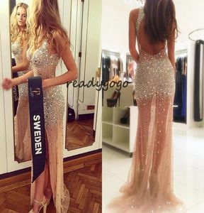 Sexy gesplitste illusie Backless prom jurken v nek mouwloze kristal kralen tule champagne naakt sparkle optocht jurken avond go7814837