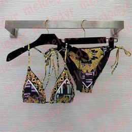 Sexy Split Badmode Set Vrouwen Halter Bh Bikini Kleur Letter Print Lace Up Badpak Strandkleding