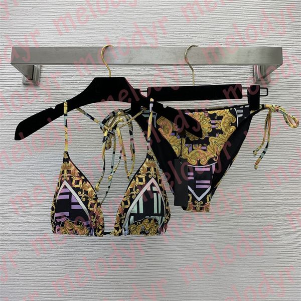 Conjunto de traje de baño dividido sexy para mujer Sujetador Halter Bikini Color Estampado de letras con cordones Traje de baño Ropa de playa