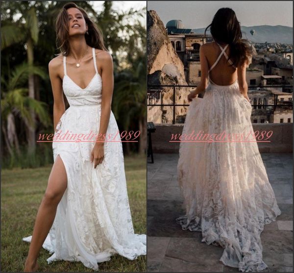 Sexy Printemps Dentelle Jardin Blanc Robes De Mariée Haute Split Plage 2019 Bretelles Croisées Retour Africain robe de mariée Robe De Mariée Bal Robes De Mariée