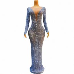 Etapa sexy Bling Sier Rhinestes Celebración de cumpleaños Azul Dr Dance Stretch Crystals Outfit Prom Singer Dance Collectis d7B9 #