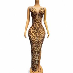 Scène sexy Gold Rhinestes Leopard Transparent Sleevel Dr Anniversaire Célébrer Outfit Prom Femmes Chanteur Photo Shoot Dr Q2KW #