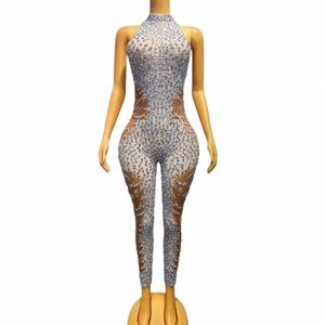 sexy Stage Sleevel Sier Rhinestes Mesh Transparante Jumpsuit Verjaardag Vieren Avond Club Party Fotoshoot Kostuum D7Yb #