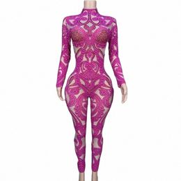 Sexy Stage Sparkly Pearls Transparente Rose Red Mesh Mono Cumpleaños Celebrar Net Yarn Outfit Mujeres Bailarina Photoshoot Wear S3Cq #