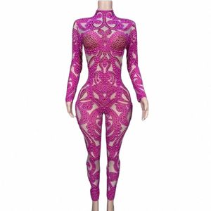 sexy podium sprankelende parels transparant roze rood mesh jumpsuit verjaardag vieren netto garen outfit vrouwen danser fotoshoot dragen S3Cq #